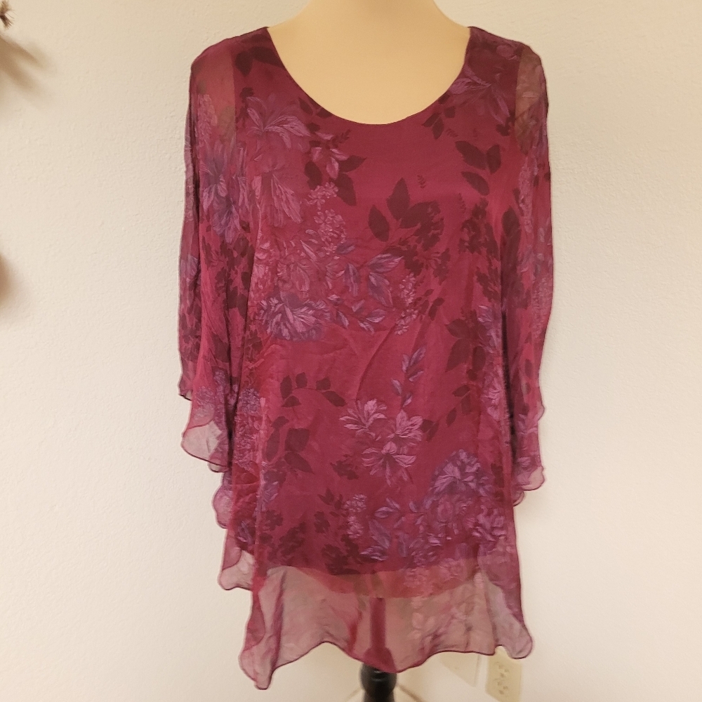 Italian Maroon Floral Chiffon Silk Overlay Top with Sleeveless Under Layer